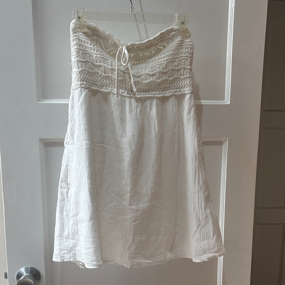 Hollister White Strapless Mini Dress with Crochet Bodice
